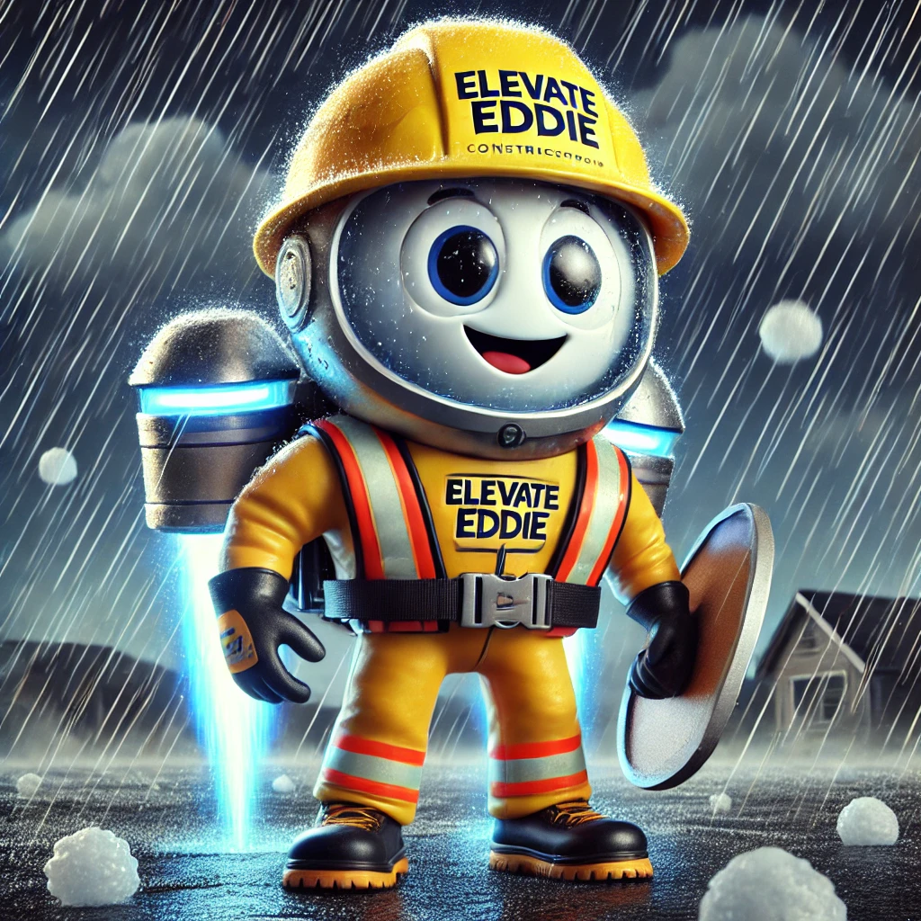 Elevated Eddie mascot standing confidently in a St. Louis rainstorm