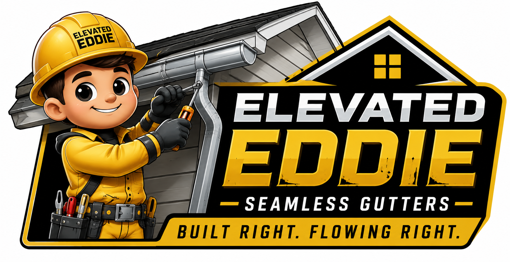 Elevated Eddie Seamless Gutters mascot installing a gutter